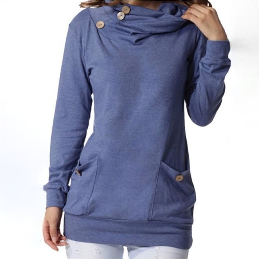 Levaca Women's Heather Blue Cowlneck Long Sleeve Tunic Length Pullover Top